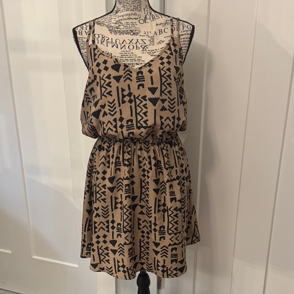 Sleeveless Tan Mini Dress with Black Tribal Print